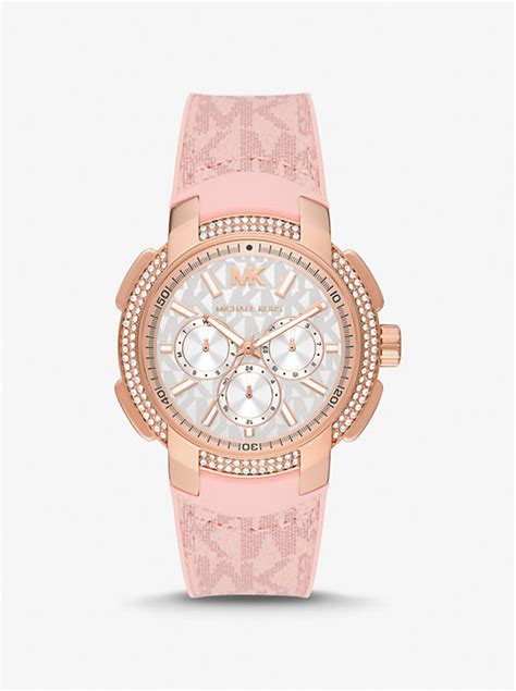 gold tone michael kors letters repeated across rose face|Oversized Sydney Pavé Rose Gold.